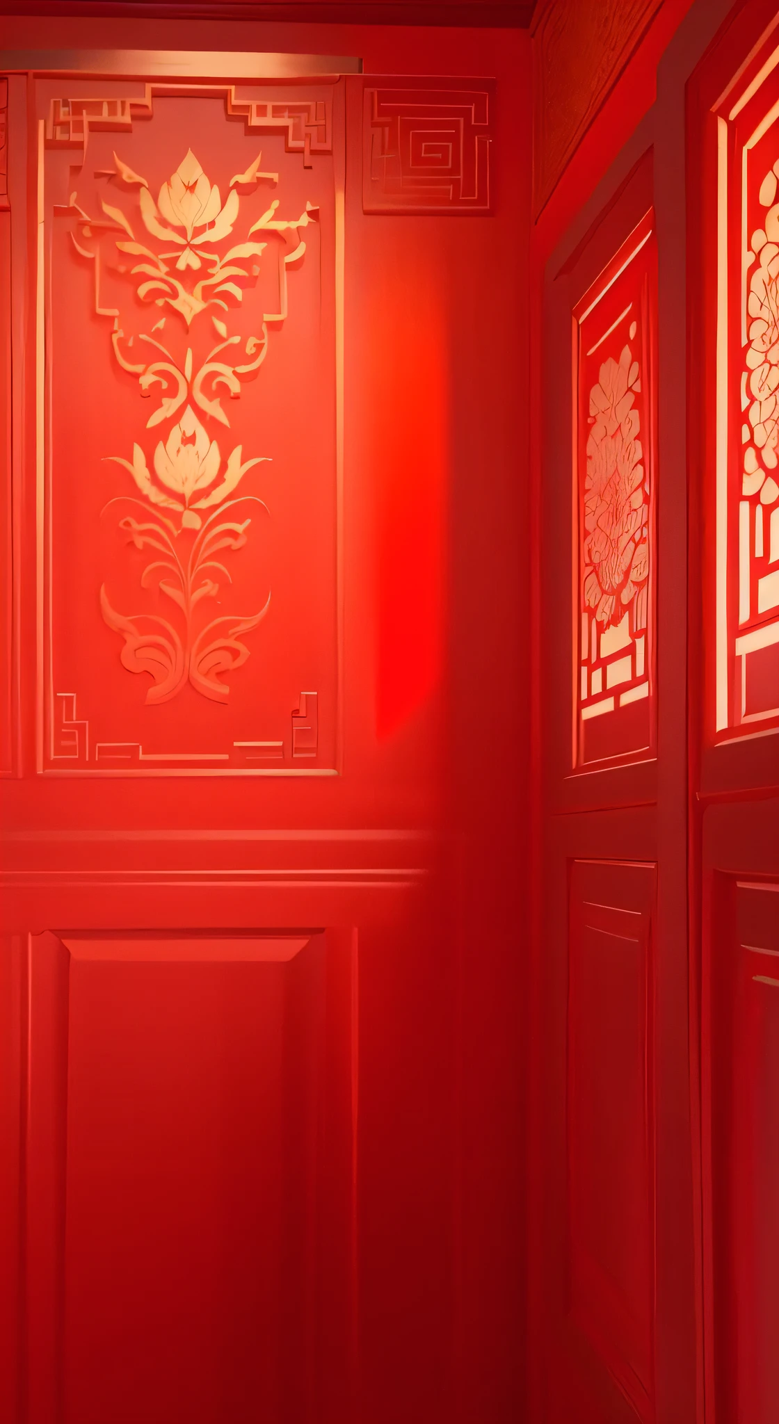 there is a Red room with a Red wall and a Red lamp, Red and cinematic lighting, traditional chinese textures, Volumetric lighting. Red, Red wall, Chinese style, Depicting the background of the temple, Oriental wallpaper, Red realistic 3 d render, Red fluid on walls of the church, shadow. asian landscape, rendeRed in cinema 4 d, rendeRed in cinema4d