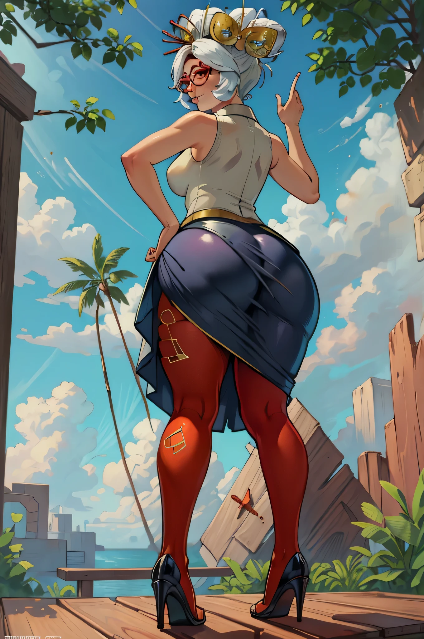 masterpiece, realistic, best quality, purah, red glasses, hair ornament, sleeveless shirt, black skirt, orange leggings, high heels, from behind, bending over, looking at viewer, smirk, tree, sky, clouds, thick thighs, 8k
