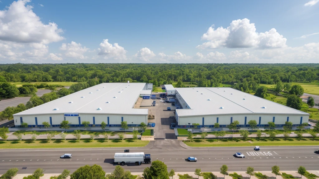 Master view, Exterior, high quality, factory, white, road, blue, tree, tole, landscape, finished materials.