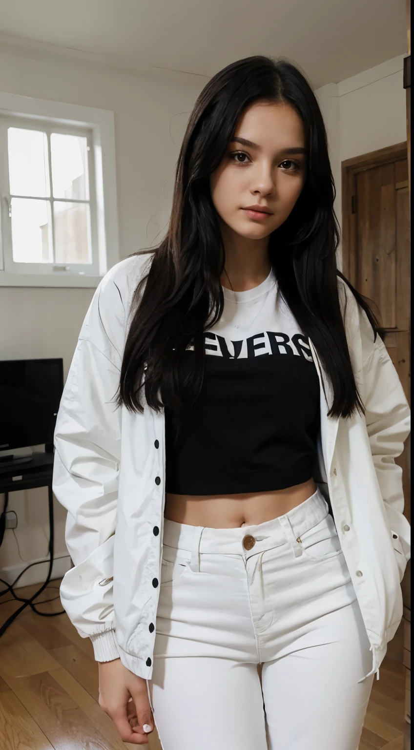 1 girl, in a house, beautiful, cute, white jacket, white pants, black shirt, long black hair, masterpiece.
