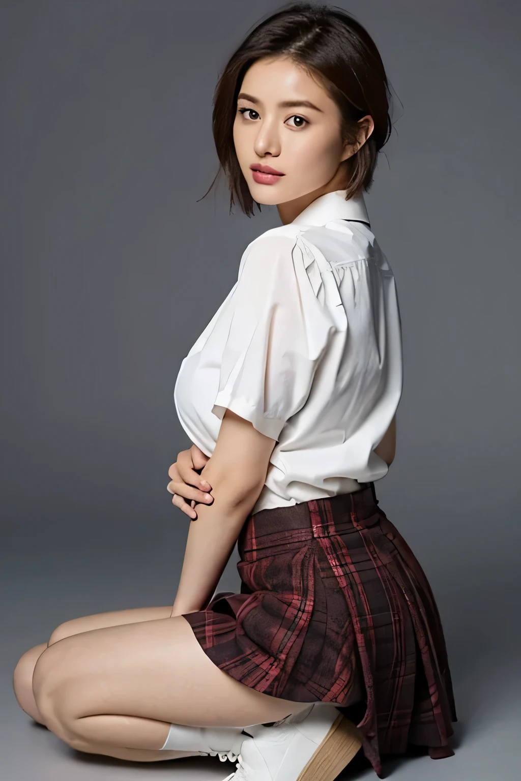 (highest quality,8K,masterpiece),studio photography,gray background,Low - Angle,
Very beautiful Japan models,fine skin,realistic skin, lip gloss,rouge,
very short hair,pixie cut,look at the audience,
School_uniform, 大き目のイヤリング
big breasts,thighs,
plaid skirt, white shirt, big breasts,emphasize cleavage,