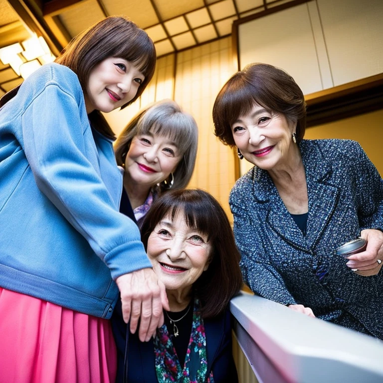 Three 80-year-old Japanese female idols、looking at the camera、casual clothes、angle from below