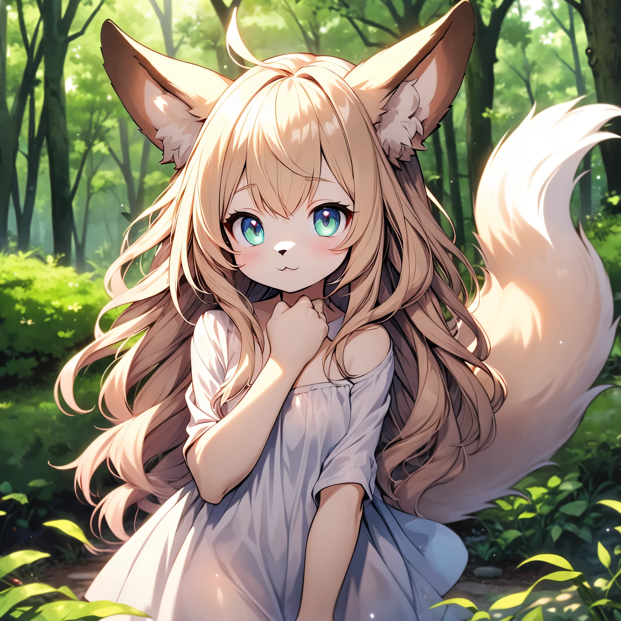 female furry,brown hair,orange fur,fox ears, fox tail,shy face,nude,small breast,blush,forest,shiny skin,look at viewer