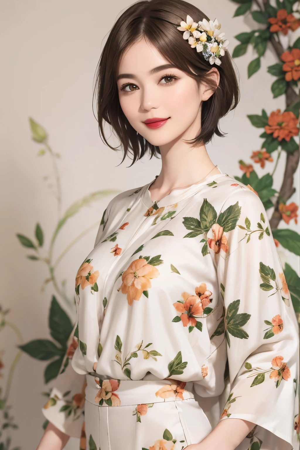 149
(20 year old woman,floral print outfit,pants), (Super realistic), (high resolution), ((beautiful hairstyle 46)), ((short hair:1.46)), (gentle smile), (brest:1.1), (lipstick)