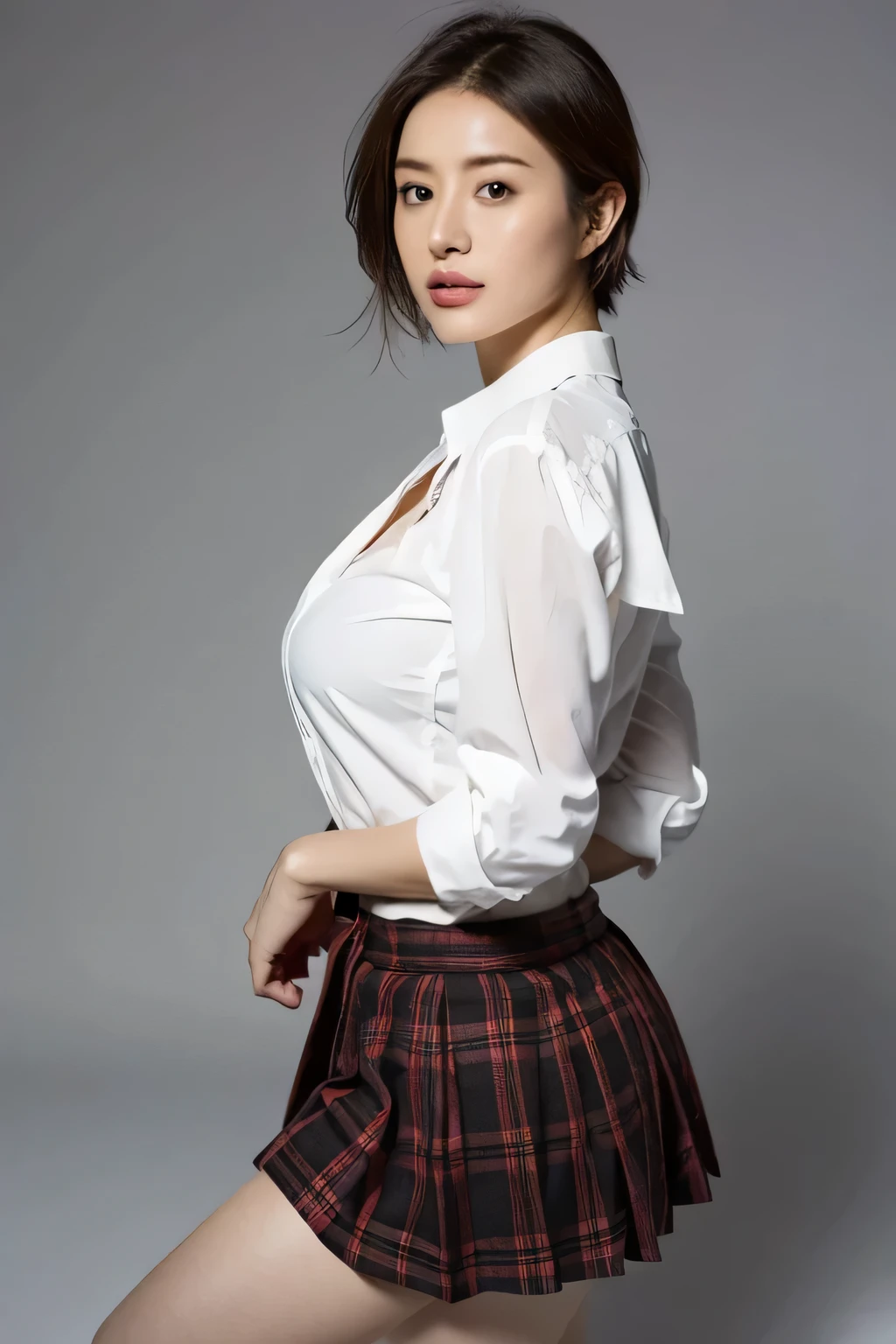 (highest quality,8K,masterpiece),studio photography,gray background,Low - Angle,
Very beautiful Japan models,fine skin,realistic skin, lip gloss,rouge,
very short hair,pixie cut,look at the audience,bewitching look,
School_uniform, 大き目のイヤリング
big breasts,thighs,
plaid skirt, white shirt, big breasts,emphasize cleavage,