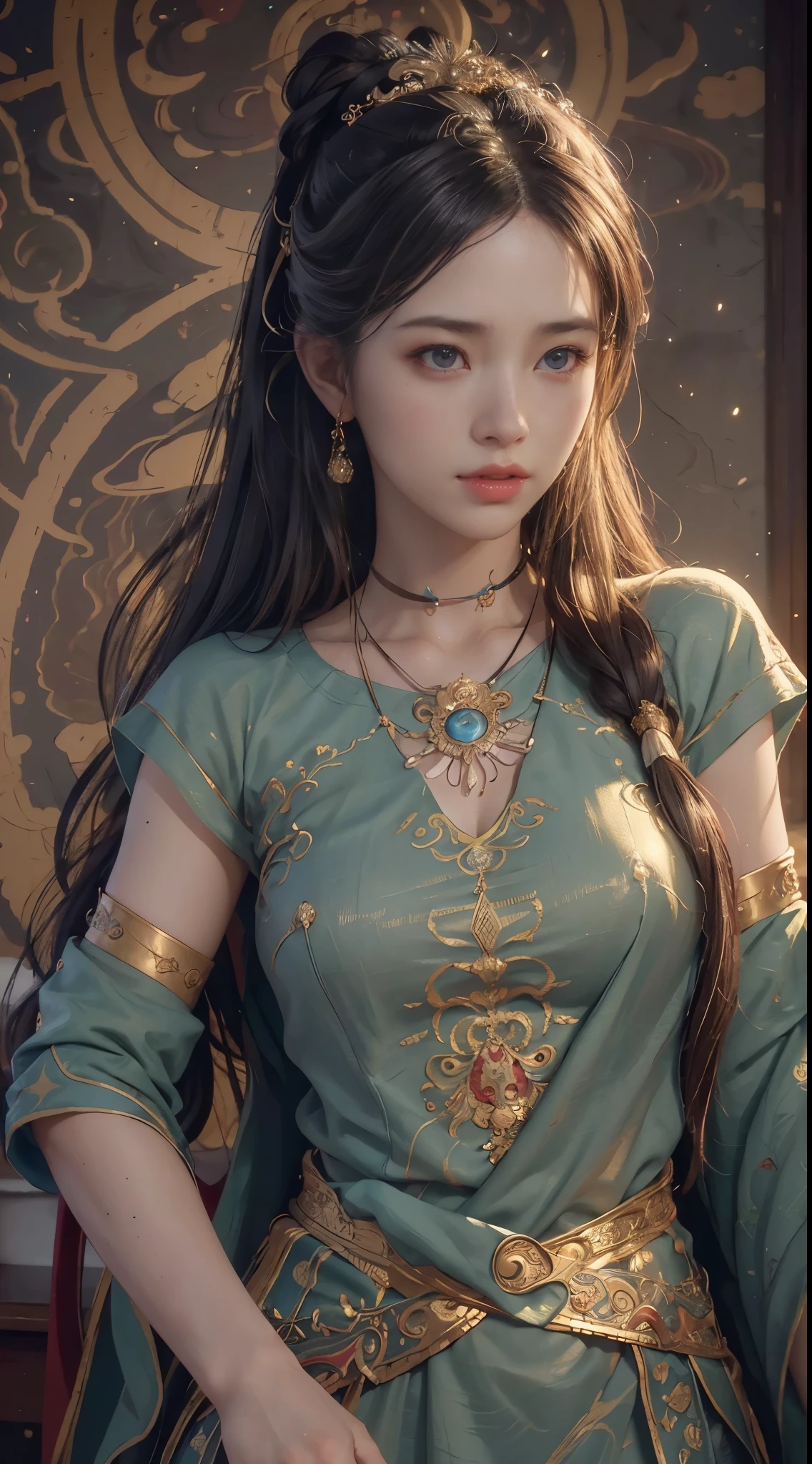 (RAW photo, best quality), (realistic, photo-realistic:1.3),best quality,highly detailed,masterpiece,ultra-detailed,illustration,1girl,upper_body,dynamic angle,world masterpiece theater,messy_long_hair,best quality,extremely detailed CG unity 8k wallpaper,ink,Amazing,cinematic lighting,lens_flare,,dunhuang_style