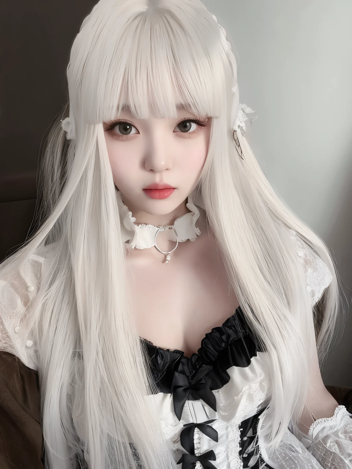 girl wearing black ****ta dress，white hair，Fluffy hair,Have bangs，white long straight hair