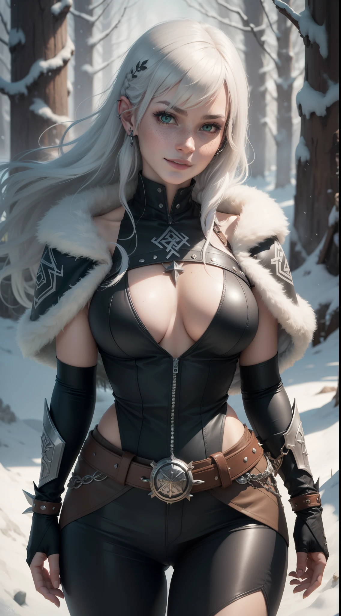 gwen tennyson,yorha 2b,tracer,y'shtola rhul, lord of the rings,warcraft,close up,winter forest,viking village,rune tattoos,fur and royal green plugsuit,winter viking linen shirt,royal green viking cape,spiked viking armor,viking linen pants,short viking hair,viking makeup,green eyes,multicolored silver hair, spiked gloves,sexy smile,freckles,beautiful girl,knee high spiked boots,large breasts,8k,ultra detailed,realistic,fantasy art,viking armor,hair pin,ear piercings,(weather:windy),1girl,long viking battle axe,viking runes neck and hand jewelry,
