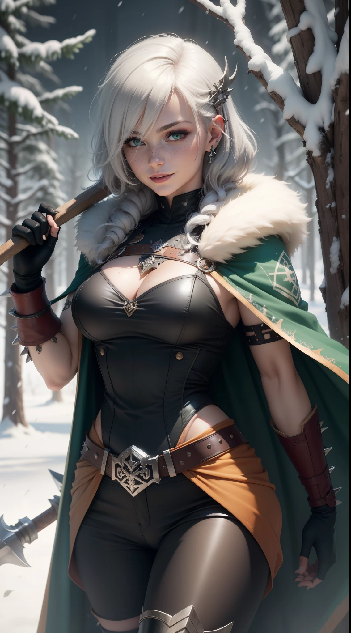 gwen tennyson,yorha 2b,tracer,y'shtola rhul, lord of the rings,warcraft,close up,winter forest,viking village,rune tattoos,fur and royal green plugsuit,winter viking linen shirt,royal green viking cape,spiked viking armor,viking linen pants,short viking hair,viking makeup,green eyes,multicolored silver hair, spiked gloves,sexy smile,freckles,beautiful girl,knee high spiked boots,large breasts,8k,ultra detailed,realistic,fantasy art,viking armor,hair pin,ear piercings,(weather:windy),1girl,long viking battle axe,viking runes neck and hand jewelry,