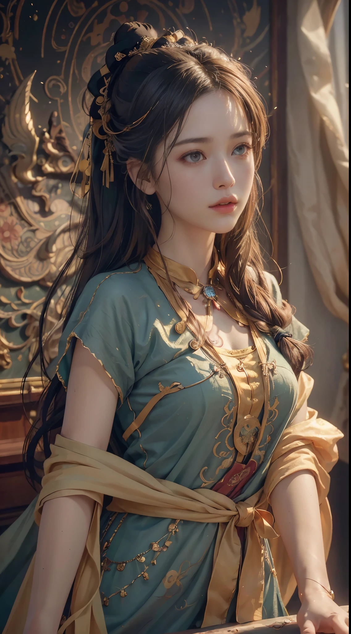 (RAW photo, best quality), (realistic, photo-realistic:1.3),best quality,highly detailed,masterpiece,ultra-detailed,illustration,1girl,upper_body,dynamic angle,world masterpiece theater,messy_long_hair,best quality,extremely detailed CG unity 8k wallpaper,ink,Amazing,cinematic lighting,lens_flare,,dunhuang_style