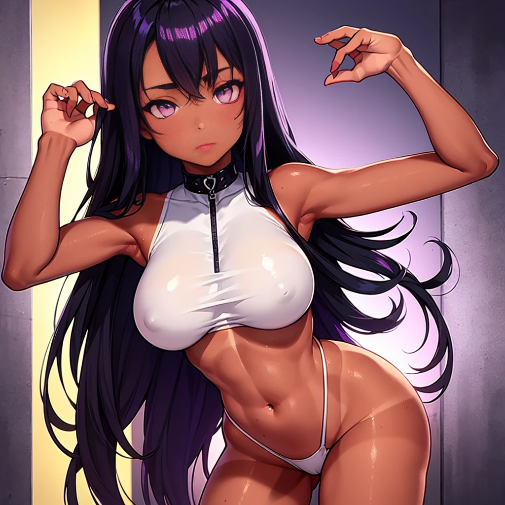 (masterpiece, best quality),(((1girl))) with long purple-black hair standing on the edge of a sky scraper, swedish face with sharp features, warm lighting, glowing purple eyes, (tan skin: 1.6),detailed-beautiful eyes,gothic fantasy armour, glowing eyes