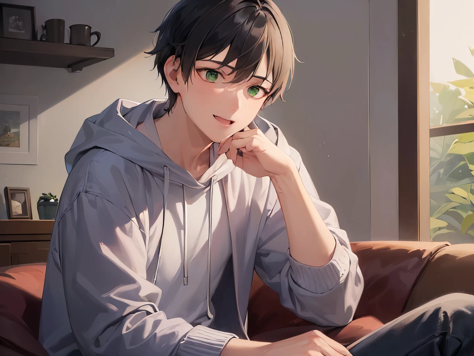 (looking away:1.5), masterpiece、high quality、(25-year-old man with short black hair and green eyes:1.5)、wearing a gray sweatshirt、(Alone:1.5)、(smile:1.1), open mouth, sitting、The background is the living room