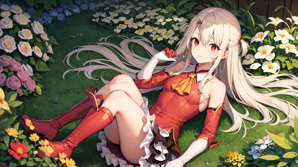 Illyasviel von Einzbern, blonde hair, hair between eyes, long hair, (red eyes:1.5),cool girl boots, Detached sleeves, Pink gloves，pink skirt，(beautiful and delicate eyes)，Mengdie Yanhua.pandora，garden