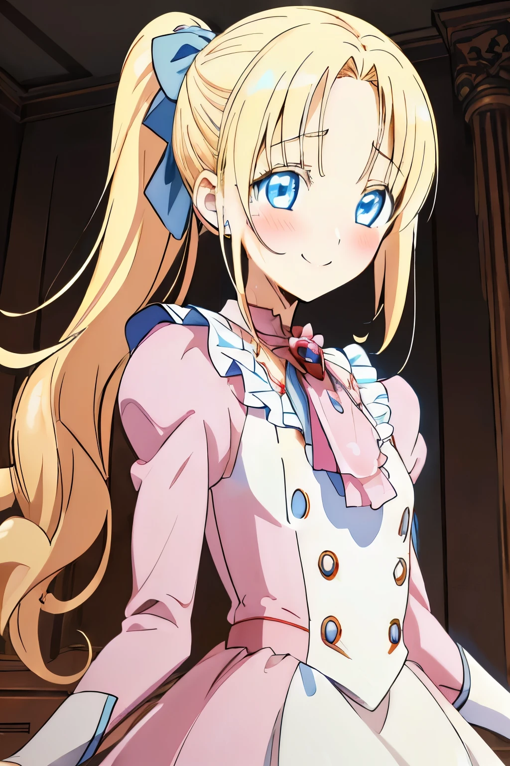 (1girl, solo), blonde hair, side ponytail, (blue eyes:1.5), long hair, (small breast:1.2), (pink dress long sleeves blue ascot frills from side,) looking at viewer, crazy smile, blush, blood, blood on arm, blood on face, blood on clothes, blood on hands, holding knife, knife, indoor, (masterpiece:1.2), best quality, high resolution, unity 8k wallpaper, (illustration:1.5), anime style, (beautiful detailed eyes:1.6), extremely detailed face, perfect lighting, extremely detailed CG, (perfect hands, perfect anatomy), (dynamic pose, dynamic angle:1.1), nadja, red heart brooch, jewelry, serial killer, slasher,