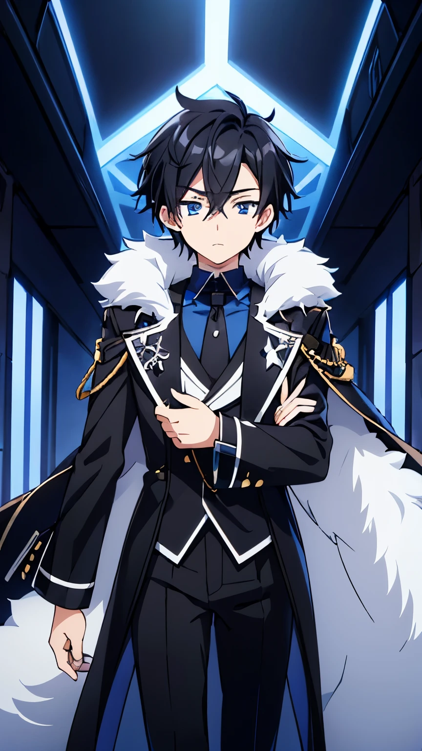an anime boy character with black hair and blue eyes. He wore a black fur coat and white fur, which gave an elegant and mysterious impression. The coat jacket has dense fur on the collar, giving it a warm and stylish look. This character may have a calm and confident facial expression.
