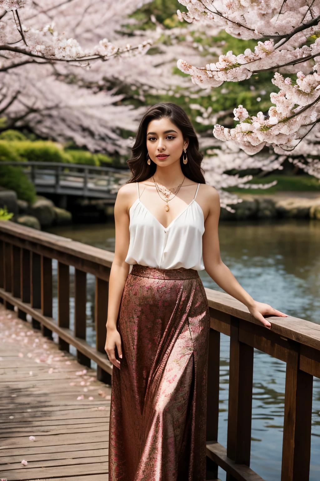A stunningly beautiful American woman, dressed in a traditional eastern skirt, poses gracefully on a wooden bridge surrounded by the enchanting bloom of cherry blossom trees. Her captivating allure shines through as she engages in seductive flirtation with the camera, radiating a provocative aura. With long, glossy chestnut hair cascading down her shoulders and intricately styled, the woman exudes an air of elegant sophistication. Her almond-shaped, dark brown eyes, adorned with subtle makeup, gleam with raw emotional intensity. A necklace hanging around her neck and earrings in her ears add to her exotic beauty. The skirt she wears