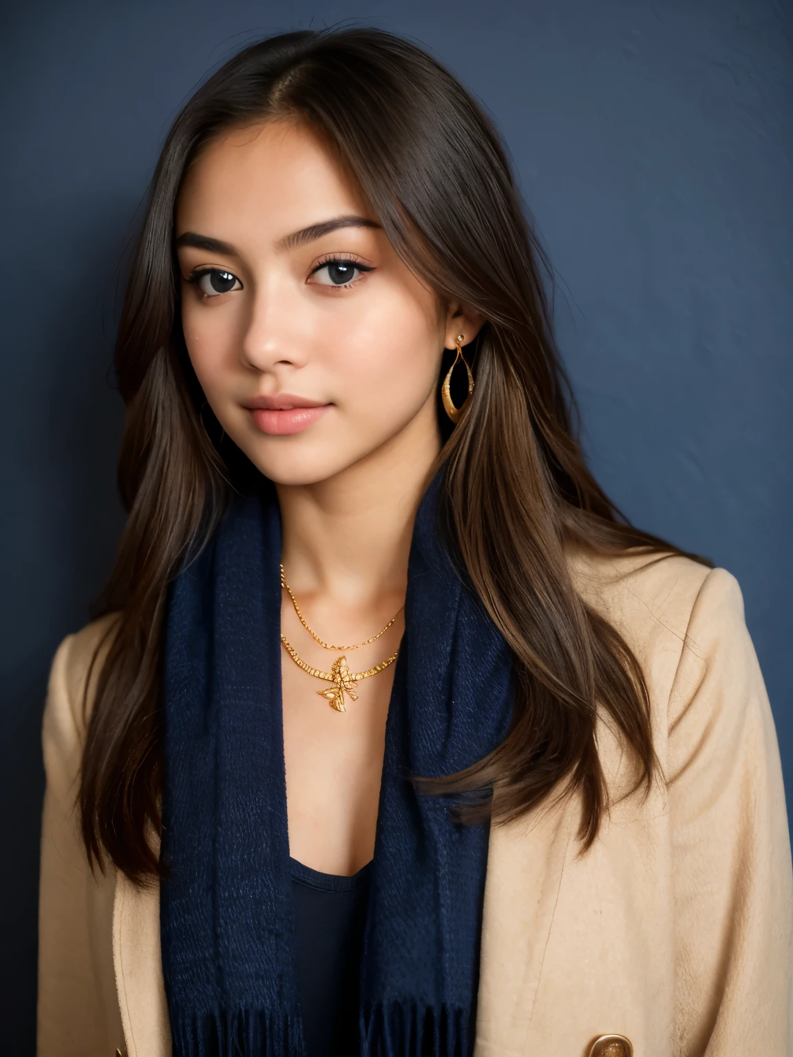 masterpiece, best picture quality,(looks real, high - resolution:1.3), 1 girl with a perfect body, Super fine face and eyes,long hair,full clothed black dress :1.2, short jeans, perfect boob, gold necklace, gold earring, textured skin, real brown skin, uniform, pakaian tertutup, coat, blue background, navy blue wall, scarf, beautiful eyes