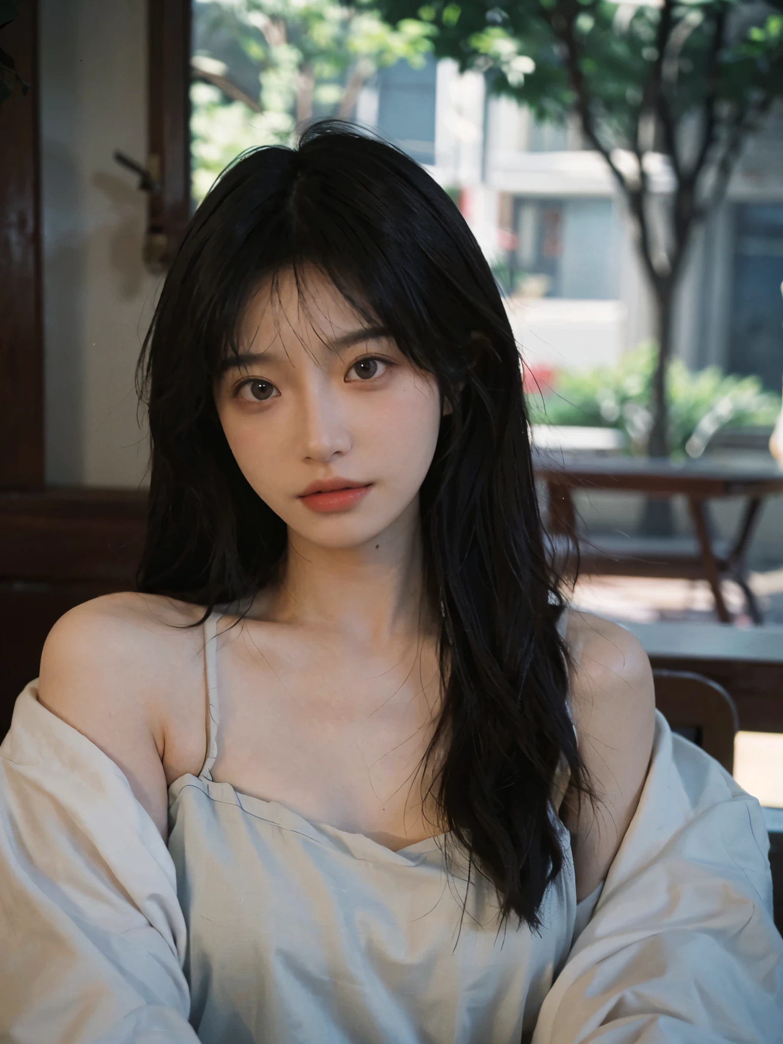 Film portrait photography, 1 girl, bare shoulders, Shoulder length wavy hair, serene, calm, (Realistic and detailed eyes, natural skin texture, Realistic facial details), Soft dramatic lighting, depth of field, Bokeh, Vibrant details, Detailed and detailed, surreal, 35mm film, hazy, ,