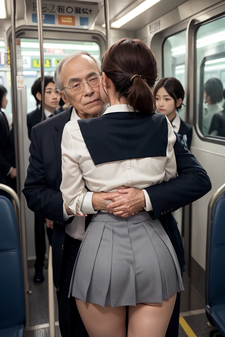 NSFW, crowded train, Japan , Handsome man hugging her from behind, Talking in her ear, lift her up, miniskirt twisted upwards, 40k, photograph, masterpiece, highest quality, dark gray background, ((Japan girls' high school uniform)), An elderly man leans on her from behind、I held you up, girl is being fucked from behind