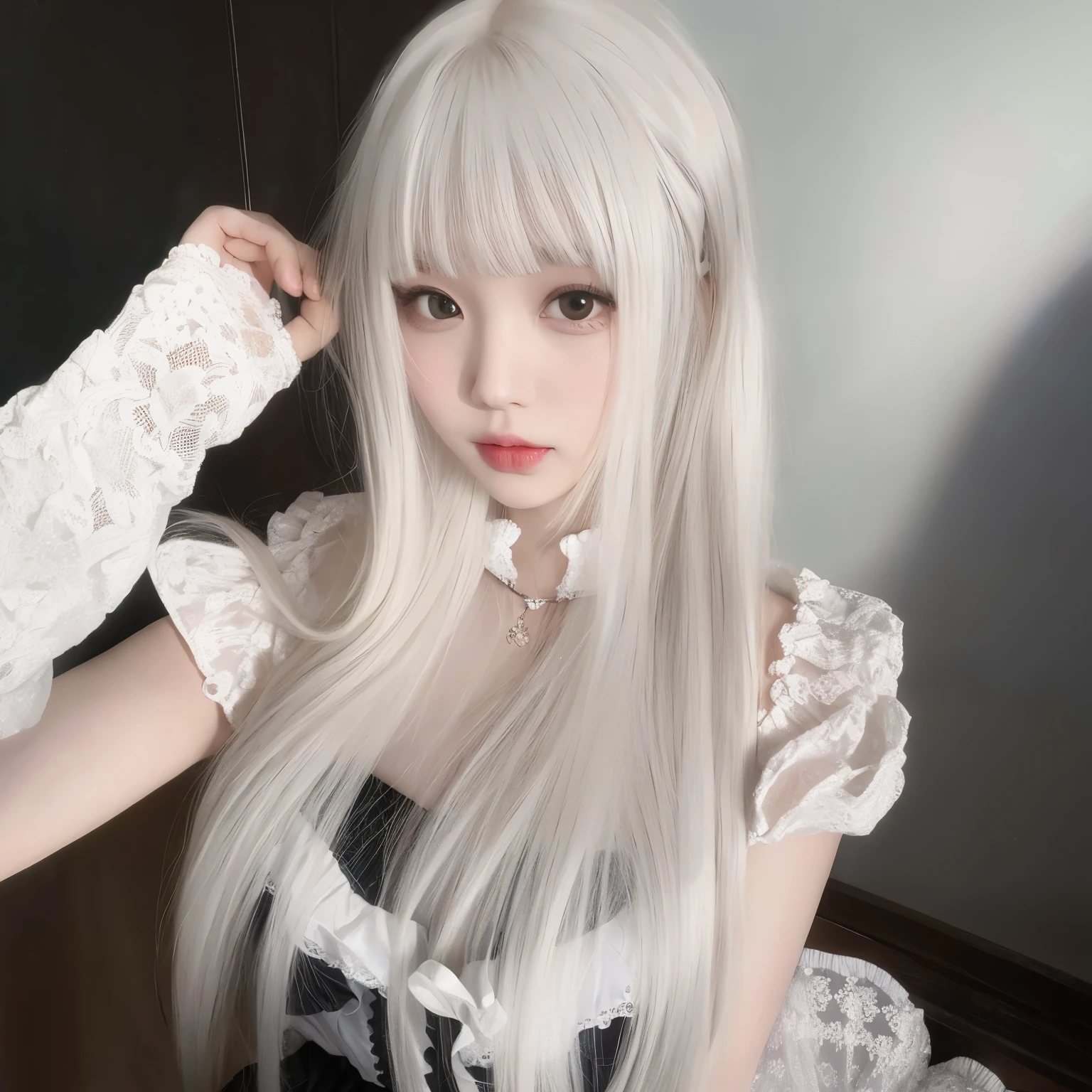 girl wearing black lolita dress，white hair，Fluffy hair,Have bangs，white long straight hair