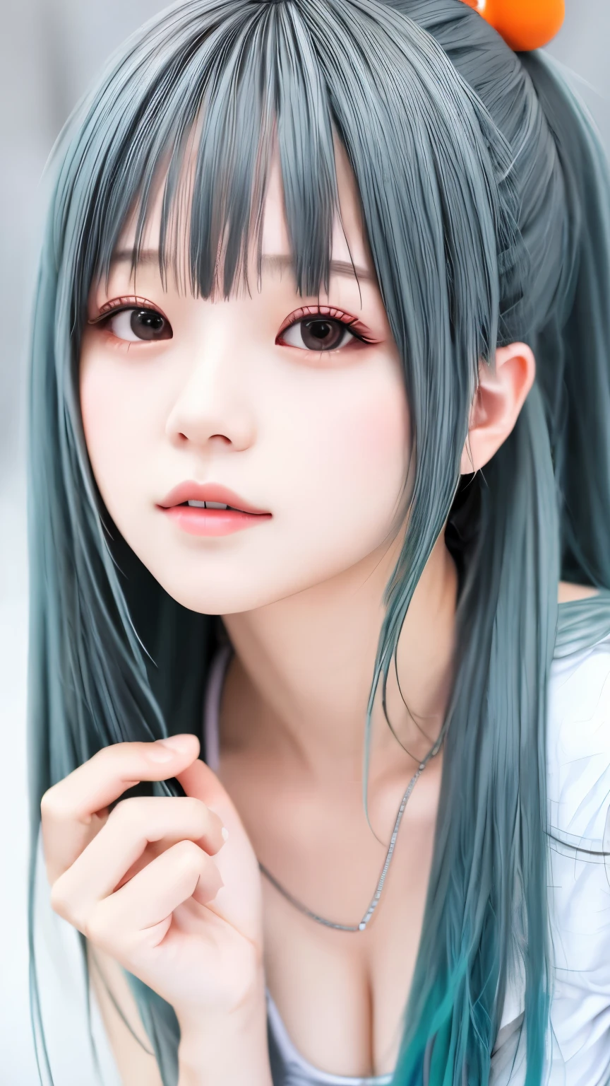 one girl、hatsune miku cosplay、anatomy、Correct depiction of the human body、Upper body angle、、１４talent、beautiful white skin、cute face、small nose、plump lips、small orange eyes、meticulously drawn face、highly detailed skin、natural skin texture、Your fingers are clean and delicate.、small breasts、small breasts、An ennui look、detailed face、Dirty hair、Standing、Random attire、Random colored shirts、perfectly blurred background、