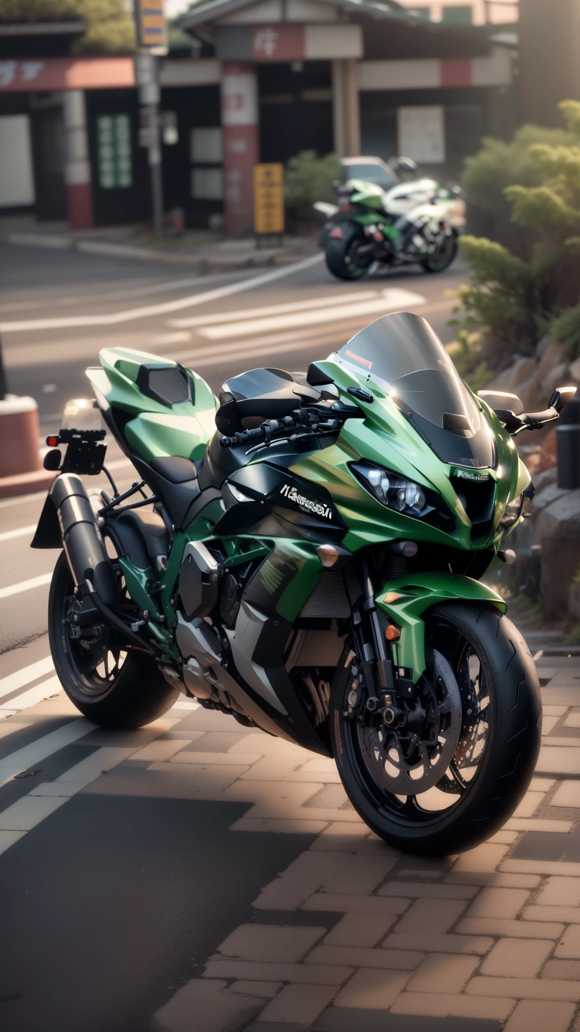 there is a motorcycle parked on the side of the road, kawasaki, cgi 8k, kodakchrome : : 8 k, cinematic front shot, portrait shot 8 k, hyper realistic ”, hyper realistic”, portrait shot, cinematic full shot, from 8 k matte, 4k', 4k hyper realistic, cinematic”, great masterpiece, 4k shot, hyperrealistic ”