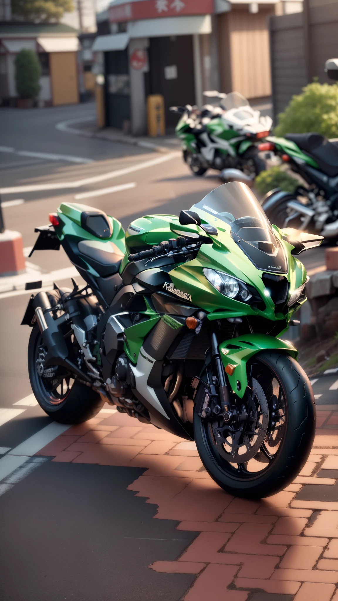 there is a motorcycle parked on the side of the road, kawasaki, cgi 8k, kodakchrome : : 8 k, cinematic front shot, portrait shot 8 k, hyper realistic ”, hyper realistic”, portrait shot, cinematic full shot, from 8 k matte, 4k', 4k hyper realistic, cinematic”, great masterpiece, 4k shot, hyperrealistic ”