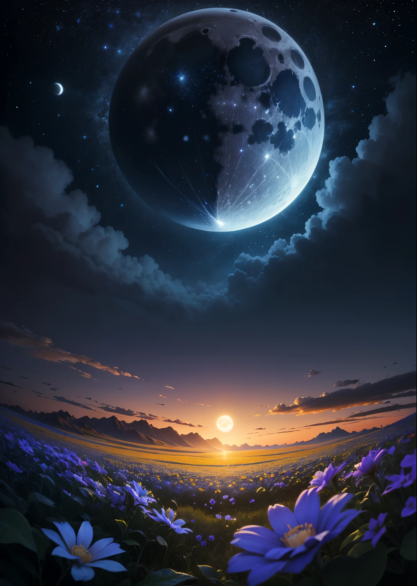 beautiful dark night,sky full of stars, beautiful blue flower field,landscape, A beautiful moon full of,Ultra-realistic 8K quality,