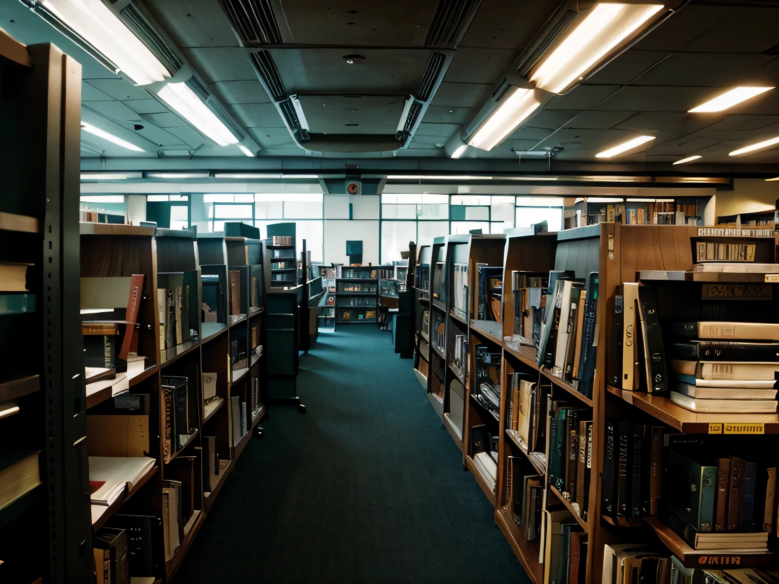 Many books in the library in cyberpunk style