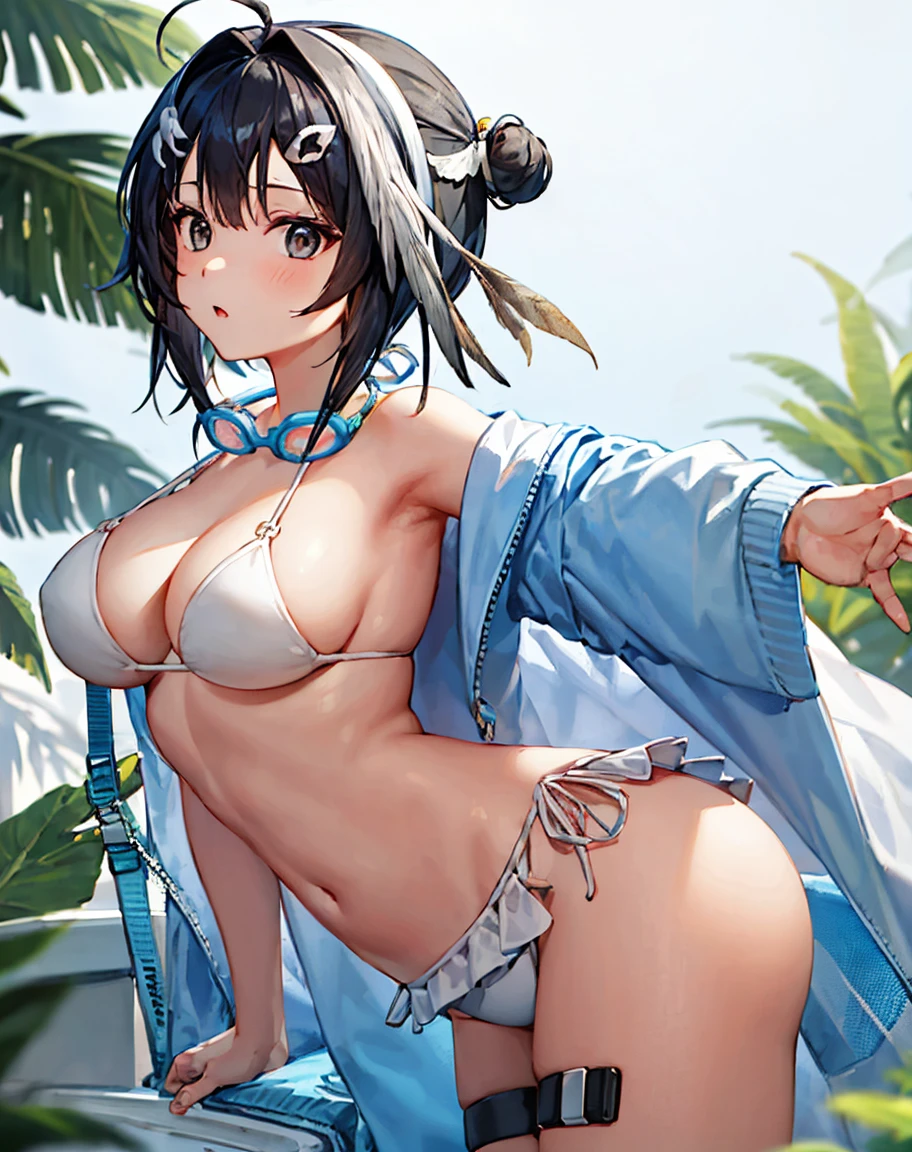 outside，Shorthair twin tails，High school girls open their legs，From below，Showing underboob，White panties， skirt，hold one&#39;s finger in one&#39;s mouth，Straddle