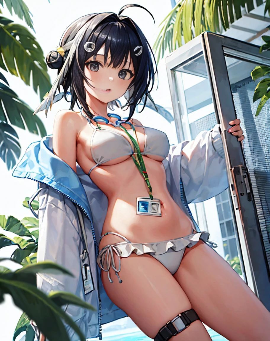 white background,
1 girl,,
la pluma,la plumaswimsuit,
black hair,short hair,Ahoge,hair clip,side lock,hair intake,
feather hair,hair clip,Wing hair ornament,single hair bun hair,
black eye,
white bikini,topless、 ruffle bikini,open jacket,
goggles around neck,ID card,thigh strap,