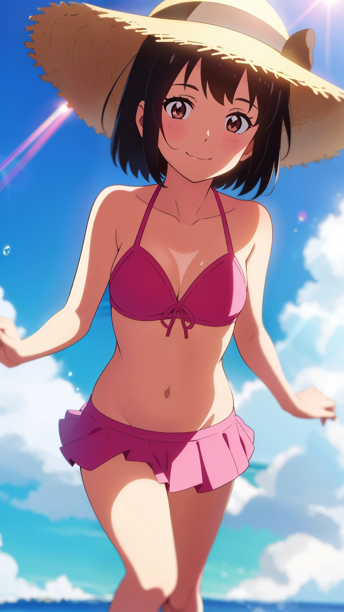 shinkai makoto, kimi no na wa., 1girl, bangs, black hair, blush, brown eyes, shiny skin, red headband, pink bikini, pink short skirt, straw hat, short hair, smile, cute, solo, looking at viewer, happy, summer beach, cloudy, blue sky, sunlight, lens_flare, bright, Splash