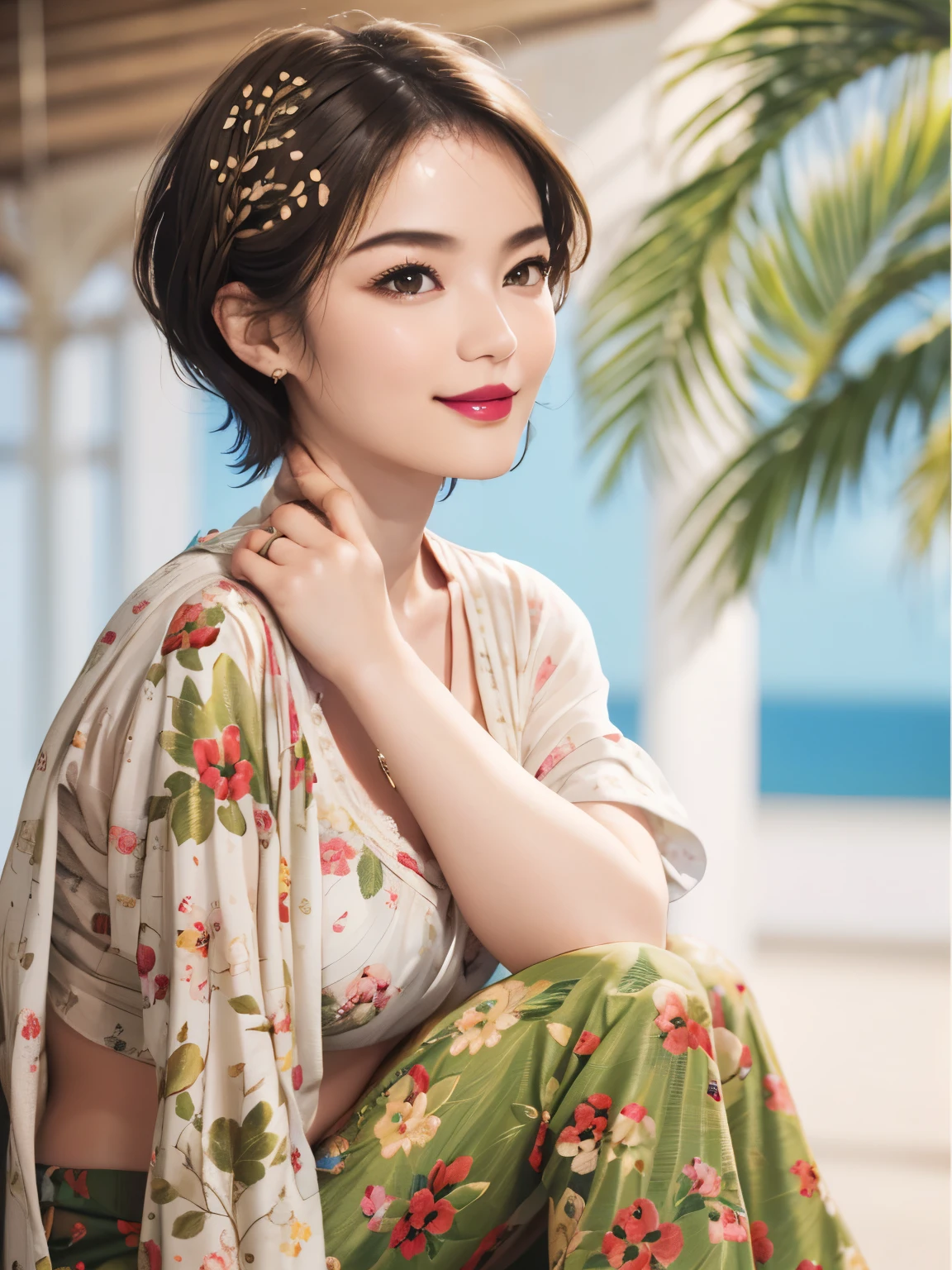149
(20 year old woman,floral print outfit,pants), (Super realistic), (high resolution), ((beautiful hairstyle 46)), ((short hair:1.46)), (gentle smile), (brest:1.1), (lipstick)