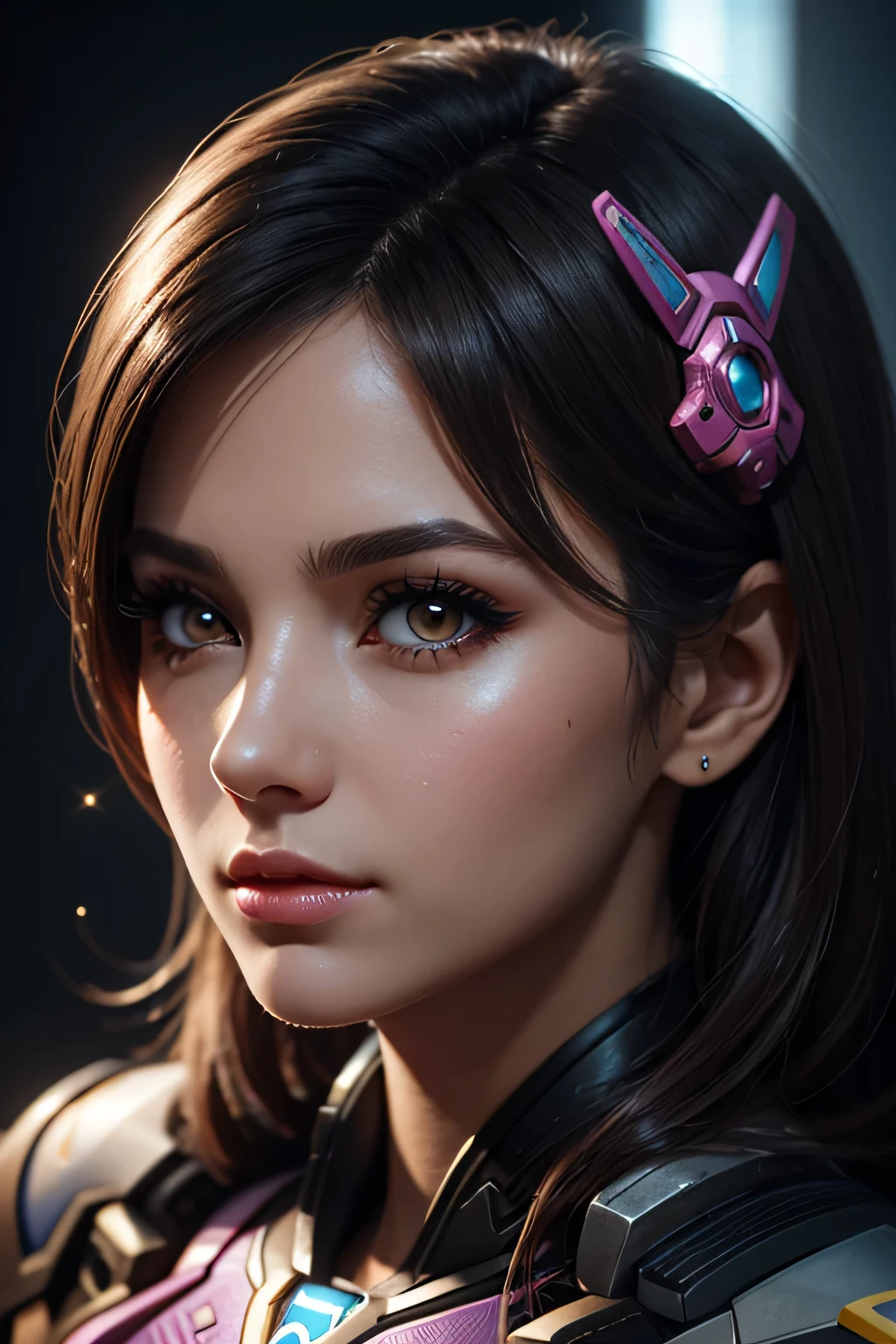 1girl, D.va , overwatch, reflective, glistening skin, studio, super detailed, HD, visible pores, perfect hair, very detailed hair, perfect, very beautiful, a hyper realistic, masterpiece, highly detailed, cinematic lighting, ray tracing, cinematic composition. award winning photo, high contrast, light sparkles, clear face, beautiful dark brown eyes, eyes match, perfect eyelashes