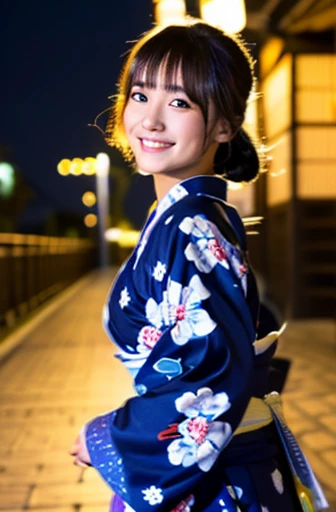 highest quality, soft light, ultra high resolution, (realistic:1.4), full_body,RAW photo, 1 Japanese girl,cute,Yukata sleeves、Kimono sleeve,night sky,smile