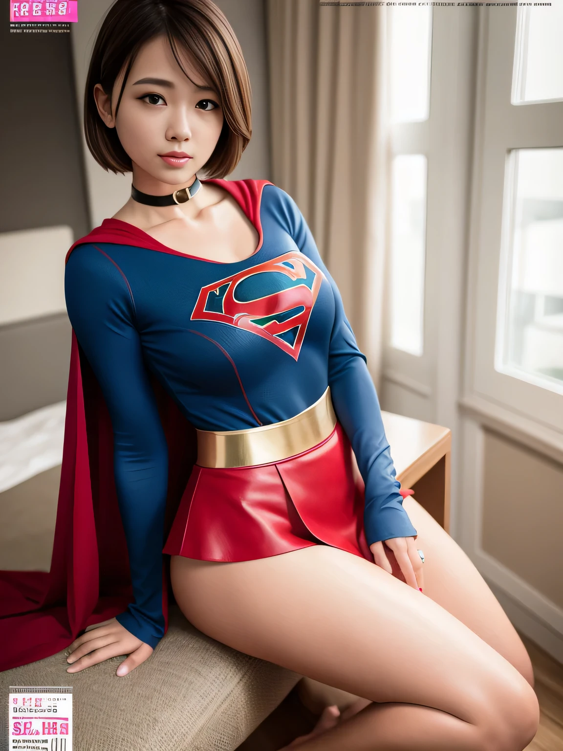 masterpiece,supergirl costume, short hair, barefoot, big and full breasts,operating room、operating table、straddle、damaged、shiny、look at the camera、provocation、Estrus、choker、Weekly magazine cover、long sleeve、red mini skirt、Cheerful pose