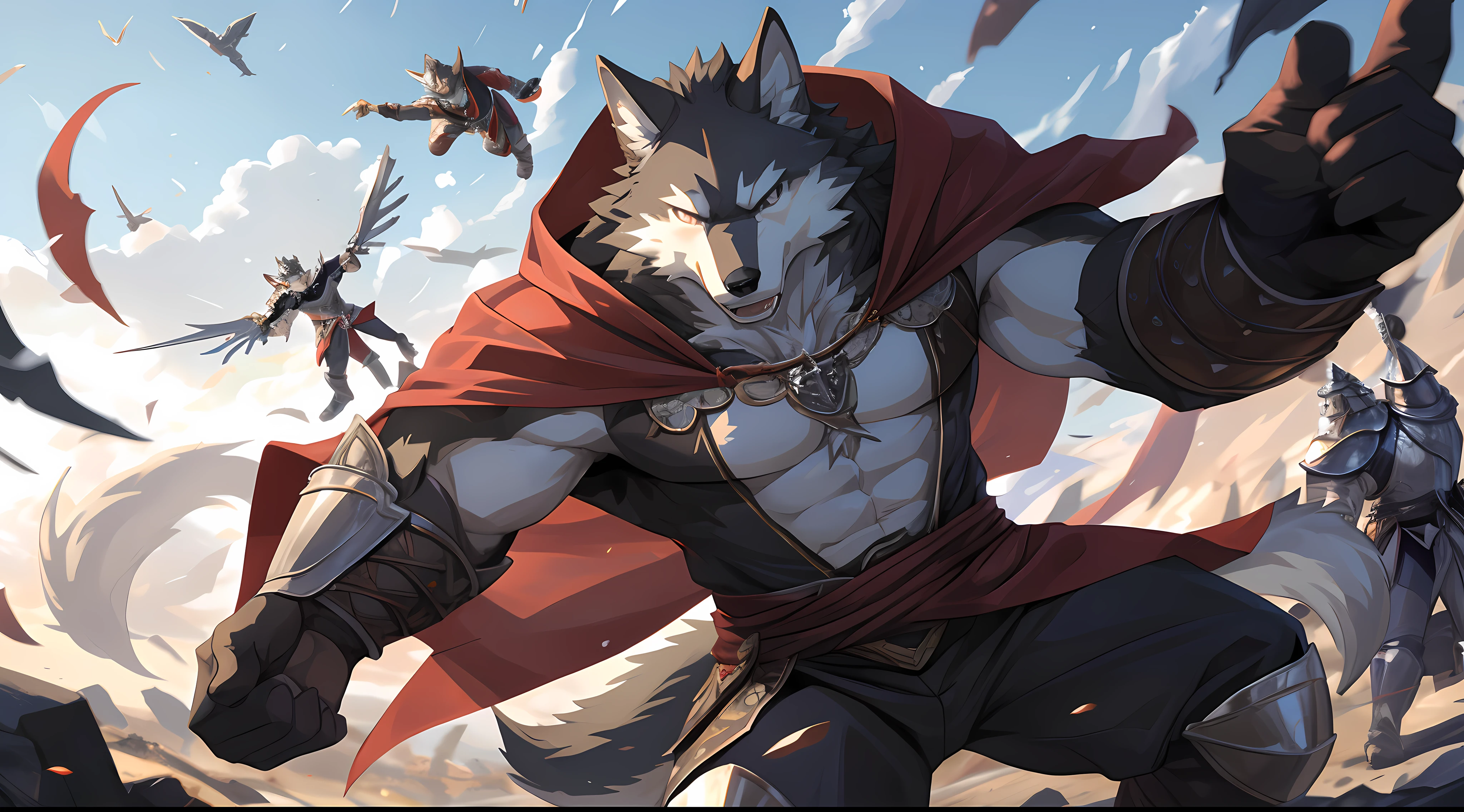 Humanity((dramatic))epic, dynamic poses, a scene from the movie, Extreme perspective and powerful composition, depth of field, motion blur, ridiculous, looking at the audience, perfect anatomy, Magnificent scenes of fierce battle between beasts, arms, (best quality), (masterpiece), (ultra deTailed), sharp focus, Negi, eyes, black eyes, hairy, light white fur, brown fur, Blackbeard, Humanity (Wolf), male, middle aged, gray body, white belly, Tail, muscular, knight clothing, red cherry long cloak, ultra deTailed face