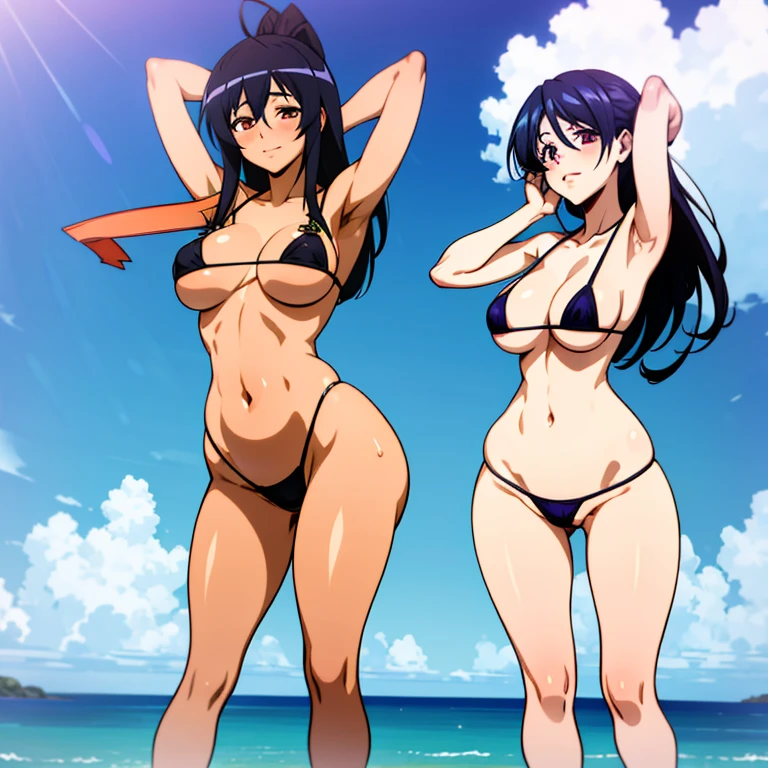 mujer madura, akeno, cabello corto, cabello negro, orange ribbon in hair, micro bikini negro, pechos gigantes,( pezones marcados en el micro bikini), labios, Cara traviesa, ruborizada, Nube,Curvy body, cansada, sudorosa, grueso, standing, piernas abiertas, arms up, ( wet). En la playa