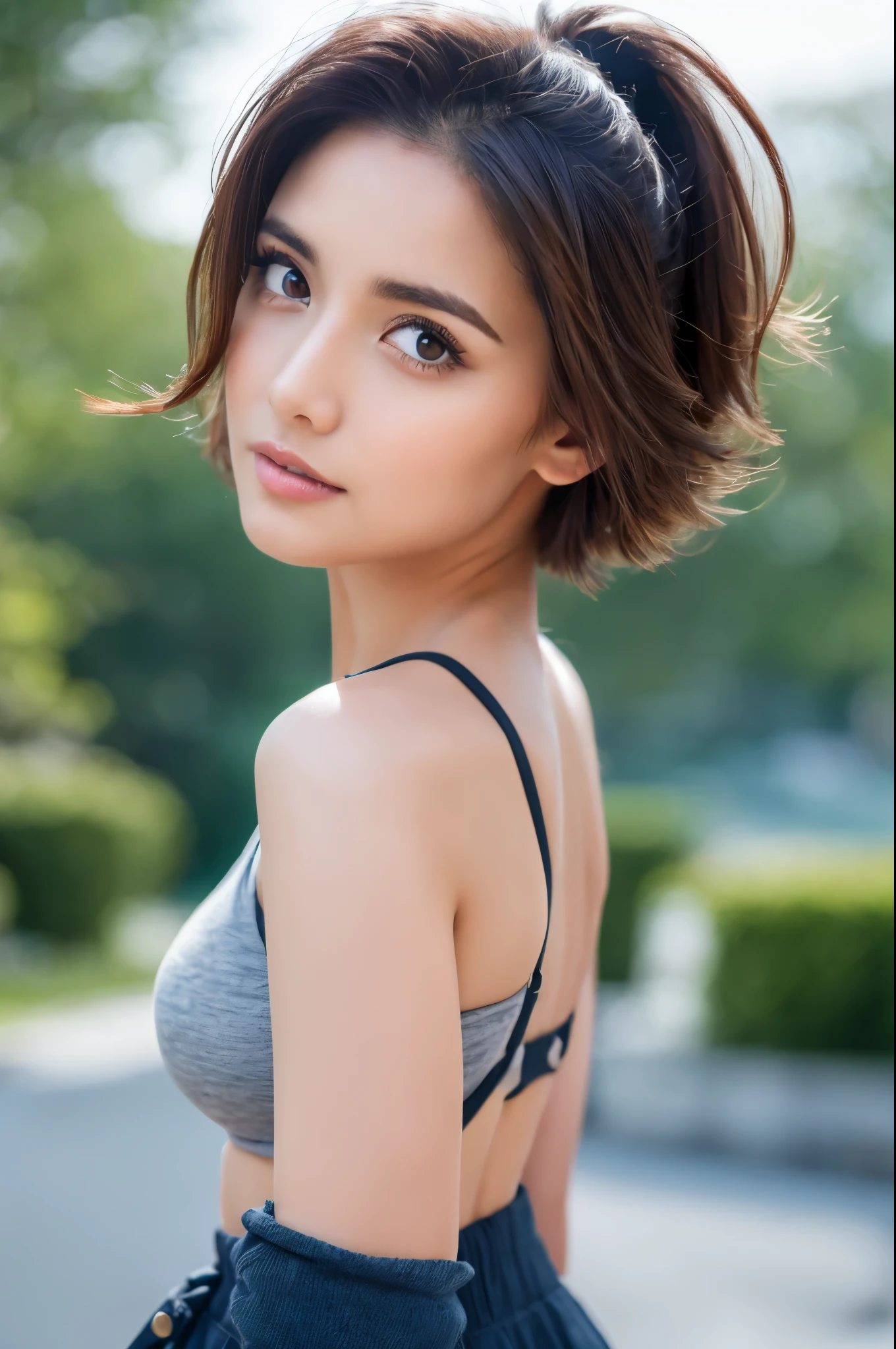 ((Best Quality, 8k, Masterpiece: 1.3)), Focus: 1.2, Perfect Body Beauty: 1.4, Buttocks: 1.2, ((Layered Haircut)), (Casual Clothes: 1.1), (Rain, Street:1.3), (Breasts: 1.2), Bare Shoulders, Highly Detailed Face and Skin Texture, Fine Eyes, Double Eyelids, Whitened Skin, Various Hair Style, (Bokeh Background: 1.5), Medium Breasts, Extremely Thin Waist