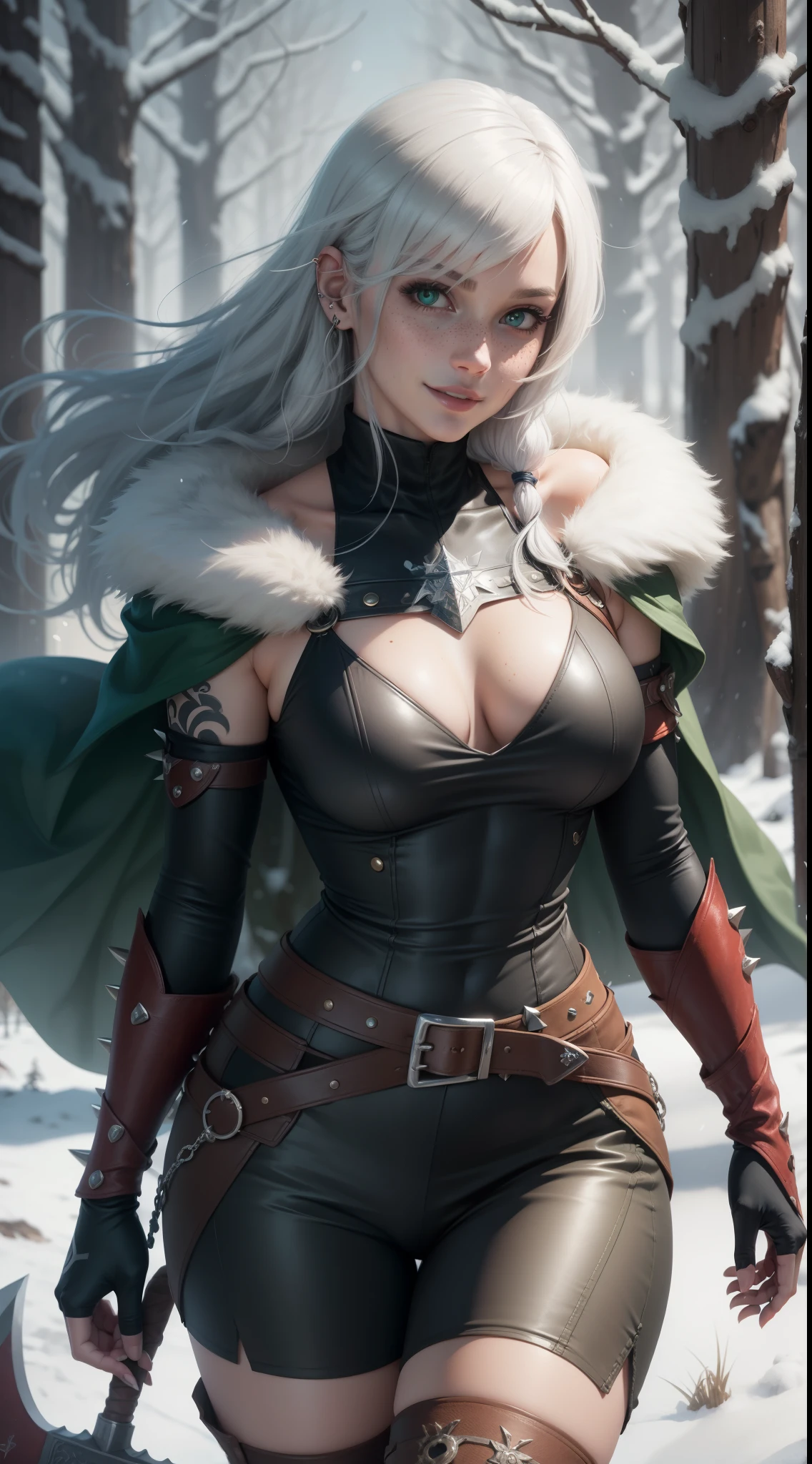 gwen tennyson,yorha 2b,tracer,y'shtola rhul, lord of the rings,warcraft,close up,winter forest,viking village,rune tattoos,fur and royal green plugsuit,winter viking linen shirt,royal green viking cape,spiked viking armor,viking linen pants,short viking hair,viking makeup,green eyes,multicolored silver hair, spiked gloves,sexy smile,freckles,beautiful girl,knee high spiked boots,large breasts,8k,ultra detailed,realistic,fantasy art,viking armor,hair pin,ear piercings,(weather:windy),1girl,long viking battle axe,runic neck and hand jewelry,