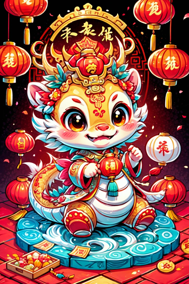 1 Chinese dragon, Chinese red palace background, Chinese style, Spring Festival, lanterns, fireworks, firecrackers, floral fragrance, stone fragments, beautiful and delicate water, moiré floor,Cute Chinese Dragon