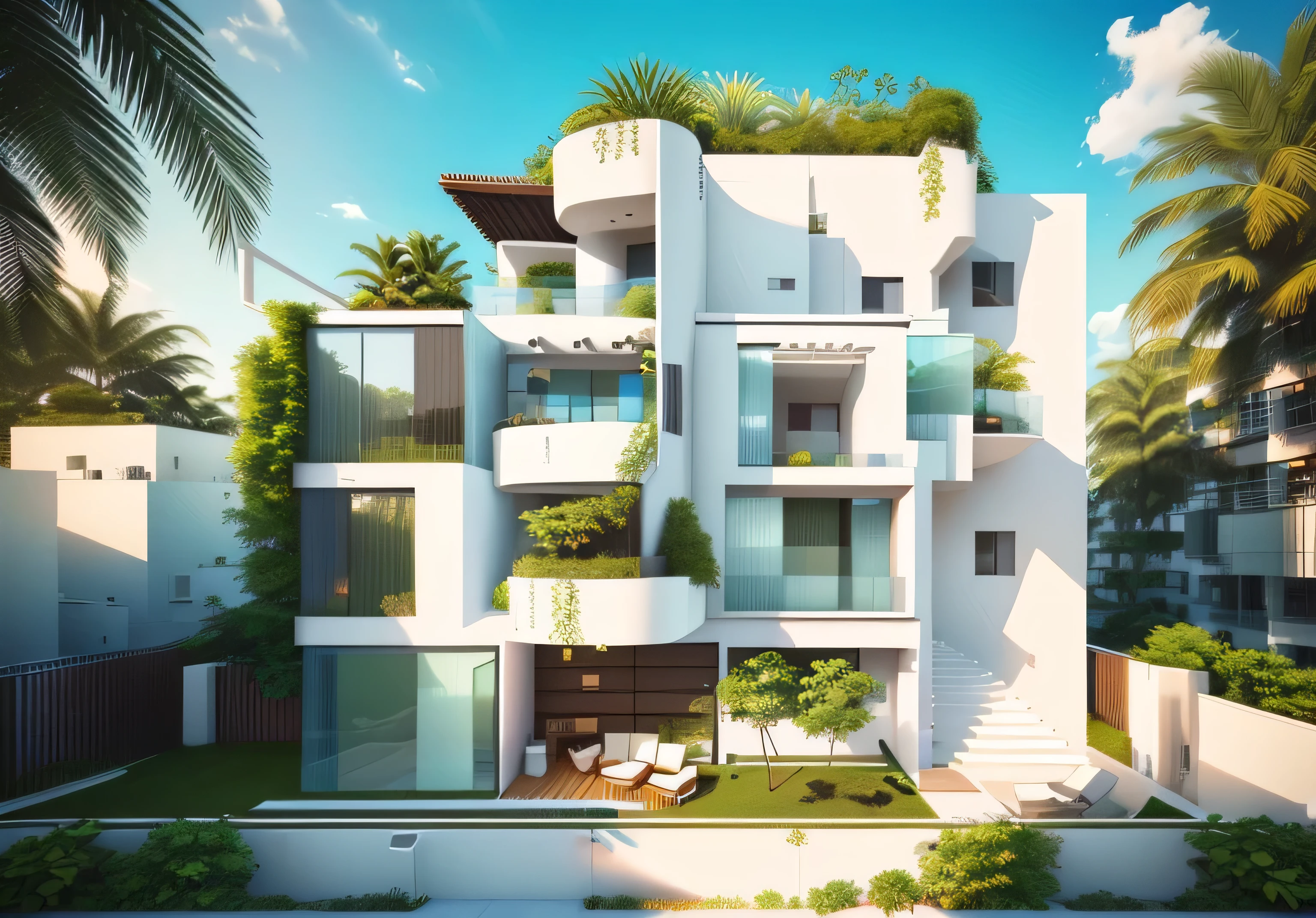 there is a white building with a balcony and a balcony on the top, frontview, modern lush condo as shopfront, archdaily, vegetal architecture, an architectural, architecture award winning, inter dimensional villa, mid-view, front-view, exterior view, plants on balconies, exterior, with lots of vegetation, seen from below, sustainable architecture