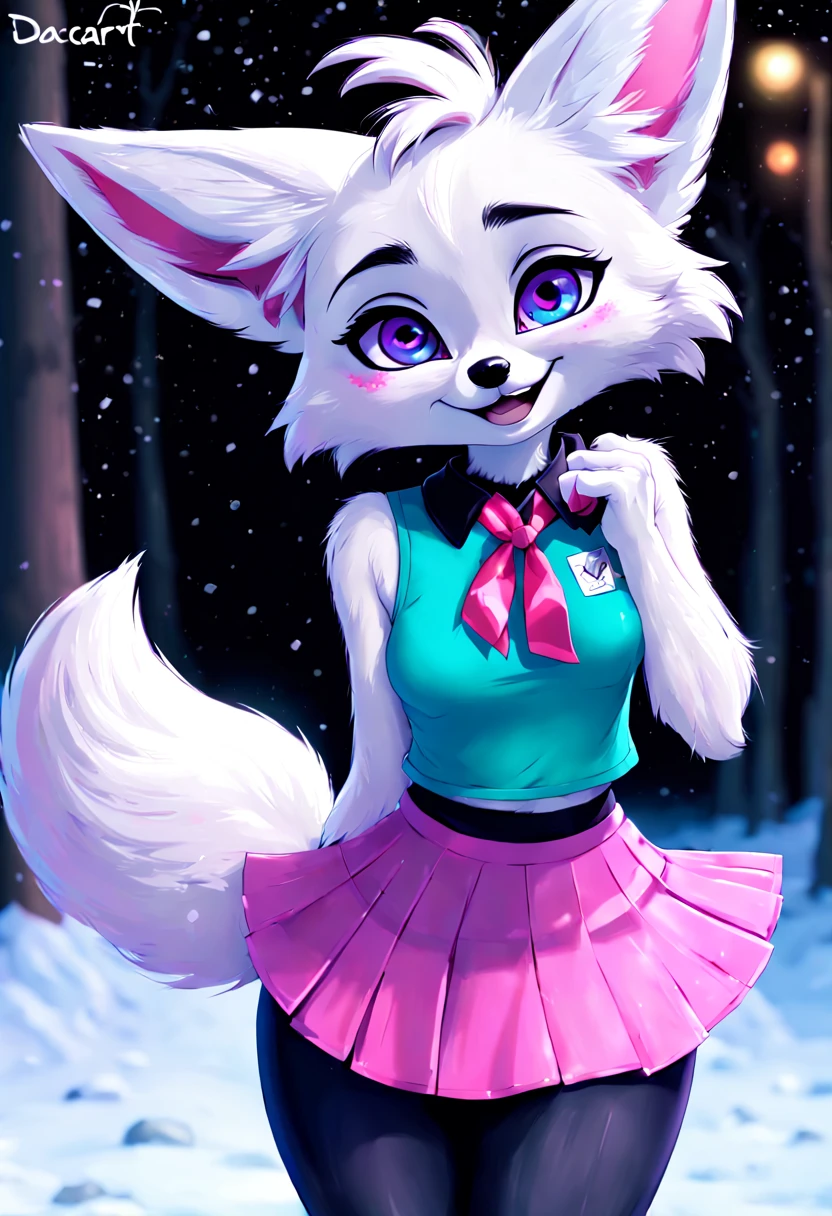 Zootopia, fennec, short, shortstack, super adorable, adult girl, solo, white fur, pink claws, pink skirt, teal eyes, purple eye shadow,  purple hilights, smile, smiling, embarrassed, pinky hair ribbon, long black hair, messy hair, female, femboy, girly, cute, pink collar, fluffy tail, shy, winter, all fours, upskirt, topless, pussy blush, canine pussy, raised tail, (mouse:0.9), (kobold:0.9), thick tail, (by Carrot), (by Dacad), (by Jay Naylor), (by Louart)