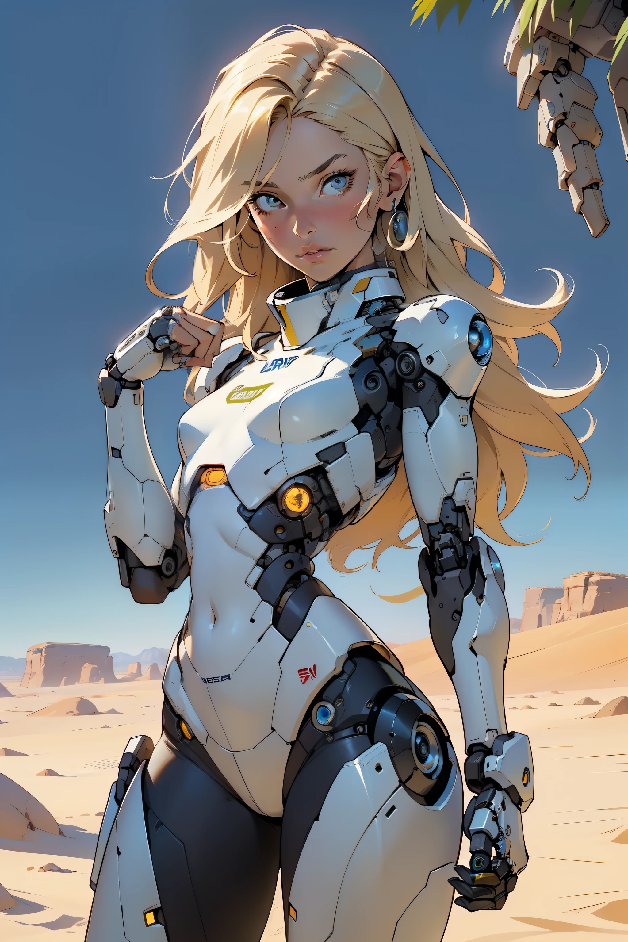 high quality, 4k, masterpiece, beautiful, cyborg girl, cowboy shot, dull eyes, looking at viewer, long blonde hair, girl, small breasts, fit thigh, robotic arms, robotic body, cyborg body, yellow accent, intricate detail, joint, detailed lines, robotic detail, holding fist up, holding hand up as fist, color robotic parts, robotic parts with color, perfect fingers, on a desert planet, sunny background, colorful desert,