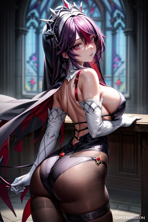 (masterpiece), best quality, expressive eyes, perfect face, perfect eyes, extremely detailed eyes, illustration
landscape, beautiful scenery, elegant lighting, character in a church, from back, night
, rosaria, bags under eyes, hair between eyes, long eyelashes, multicolored hair, (purple eyes:1.1), purple hair, red hair, short hair, streaked hair, bare shoulders, breasts, elbow gloves, fishnet pantyhose, fishnets, gem, gloves, gradient, nun, pantyhose, red gemstone, skindentation, thigh strap, tiara, white gloves, pelvic curtain,