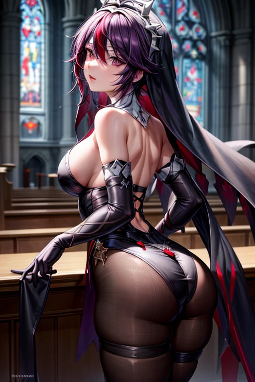 (masterpiece), best quality, expressive eyes, perfect face, perfect eyes, extremely detailed eyes, illustration

landscape, beautiful scenery, elegant lighting, character in a church, from back, night 

, rosaria, bags under eyes, hair between eyes, long eyelashes, multicolored hair, (purple eyes:1.1), purple hair, red hair, short hair, streaked hair, bare shoulders, breasts, elbow gloves, fishnet pantyhose, fishnets, gem, gloves, gradient, nun, pantyhose, red gemstone, skindentation, thigh strap, tiara, white gloves, pelvic curtain, 