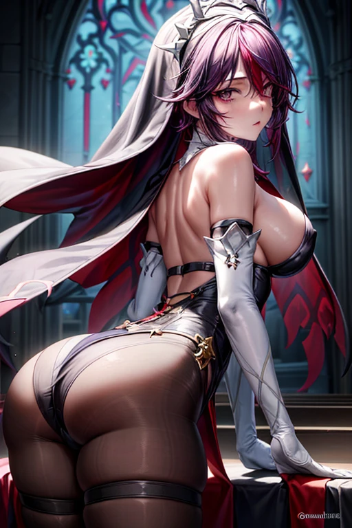 (masterpiece), best quality, expressive eyes, perfect face, perfect eyes, extremely detailed eyes, illustration
landscape, beautiful scenery, elegant lighting, character in a church, from back, night
, rosaria, bags under eyes, hair between eyes, long eyelashes, multicolored hair, (purple eyes:1.1), purple hair, red hair, short hair, streaked hair, bare shoulders, breasts, elbow gloves, fishnet pantyhose, fishnets, gem, gloves, gradient, nun, pantyhose, red gemstone, skindentation, thigh strap, tiara, white gloves, pelvic curtain,