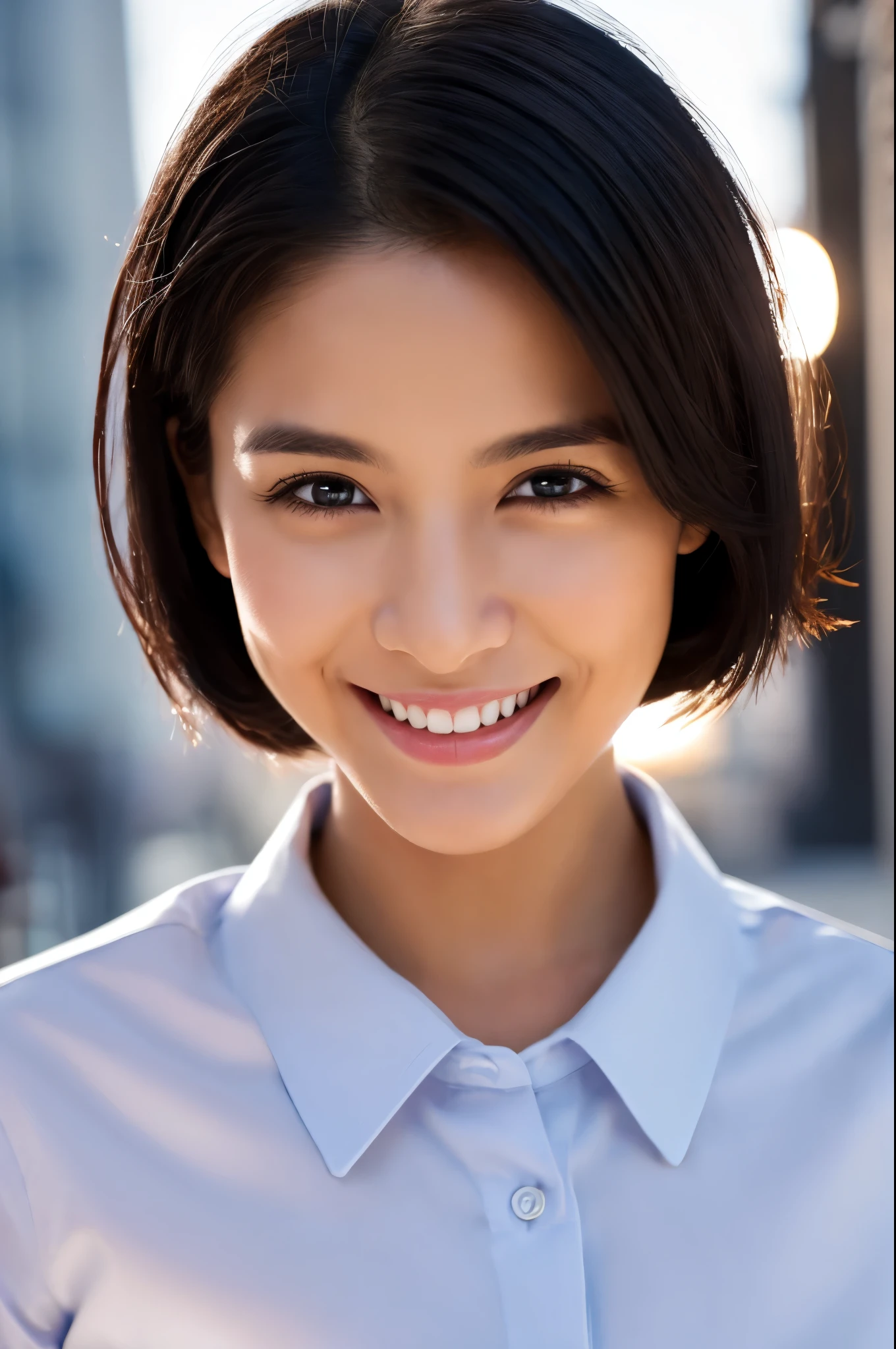 best quality, photorealistic, 8k, high res, 1girl, woman, (skindentation), (professional lighting), (portrait:0.6), (buttoned office shirt:1.64), (white choker:1), gorgeous, ((black hair)), (short straight hair:1.4), (flowing hair:1.6), (1girl eyes looking at viewer:1), ((looking at viewer:1.6)), (1girl looking at the camera), photorealistic, (bokeh), (portait:0.6), (dynamic pose:1.2), masterpiece, intricate, realistic, sharp focus, award-winning photograph, sfw, (smile:1.5),  