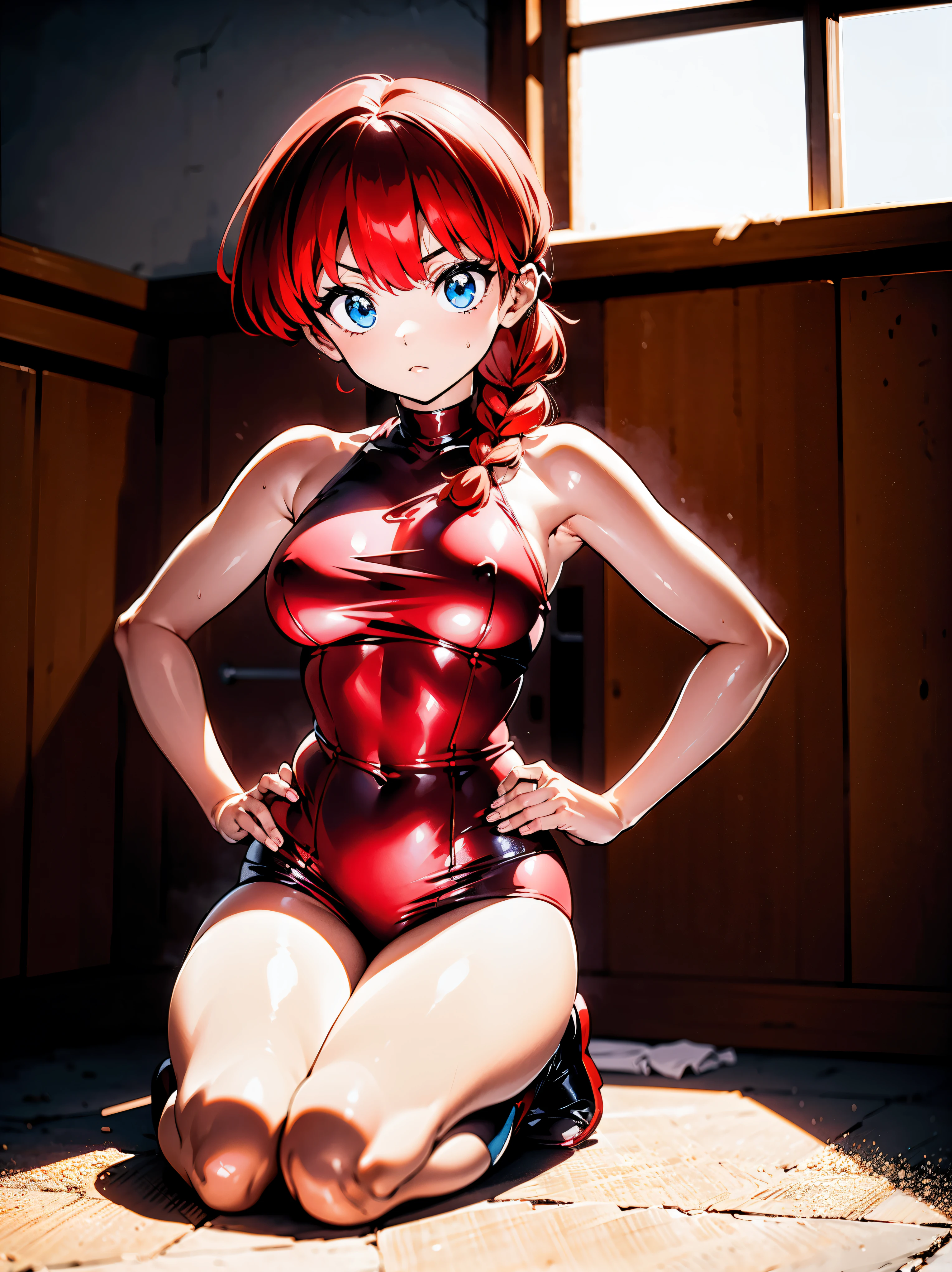 Redhead anime girl wearing pink latex top and black leather pants, 16 anos, corpo bonito, seios grandes, kneeling on the floor with hands on waist, hands on hip, agachada, red hair with braid, beautiful lighting, susve sombras, olhos azuis, pernas bonitas, hair with braid, estilo anime, Ranma Chan, Autora Rumiko Takahashi, Baseado em obra de Rumiko Takahashi, Anime Ranma 1/2, seios grandes, decote sexy, quadril robusto, corpo inteiro, corpo inteiro, Seios lindos, garota jovem com corpo belo e bonito, sombreamento suave, roupa chinesa