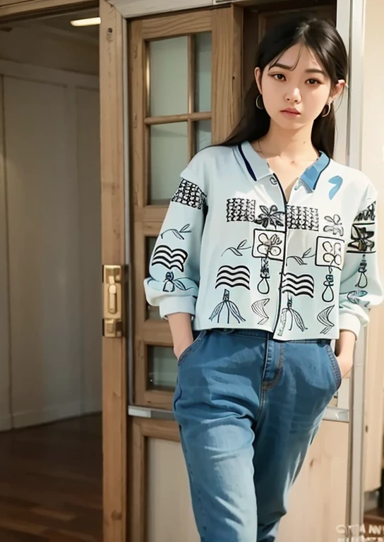 a woman standing in front of a door wearing a blue shirt and jeans, patterned clothing, cropped shirt with jacket, cartoonish style, shirt, casual clothing style, casual modern clothing, 2 0 2 0 fashion, korean women's fashion model, modern casual clothing, fashionable, fashion clothing, digital art - w 640, wearing a blouse